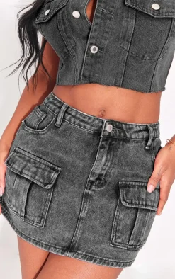 Online PrettyLittleThing Shape Wash Denim Low Rise Micro Mini Skirt Charcoal