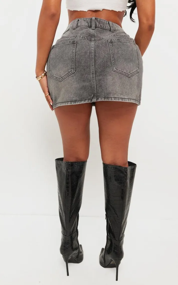 Shape Charcoal Washed Denim Embroidered Cross Mini Skirt