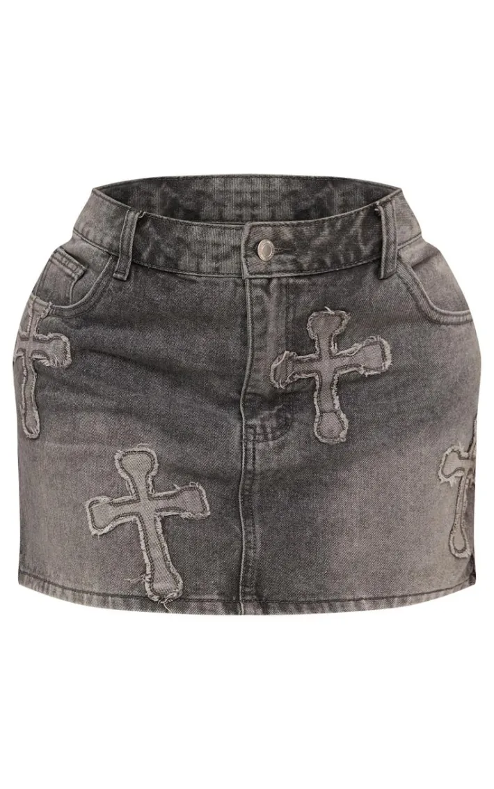 Shape Charcoal Washed Denim Embroidered Cross Mini Skirt
