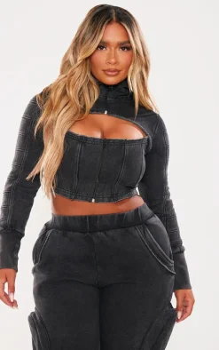 Online PrettyLittleThing Shape Washed Sweat Cut Out Hoodie Charcoal