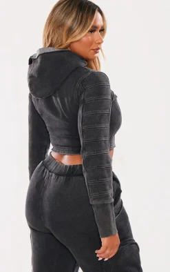 Online PrettyLittleThing Shape Washed Sweat Cut Out Hoodie Charcoal