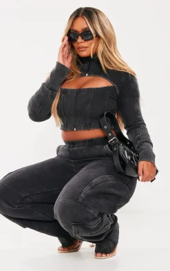 Online PrettyLittleThing Shape Washed Sweat Cut Out Hoodie Charcoal