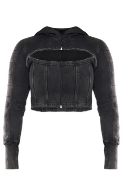 Online PrettyLittleThing Shape Washed Sweat Cut Out Hoodie Charcoal