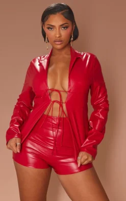 Discount PrettyLittleThing Shape Faux Leather Tie Front Long Sleeve Top Cherry Red