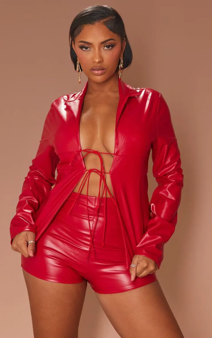 Discount PrettyLittleThing Shape Faux Leather Tie Front Long Sleeve Top Cherry Red