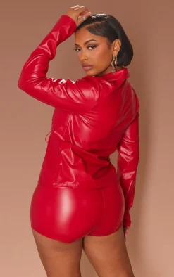 Discount PrettyLittleThing Shape Faux Leather Tie Front Long Sleeve Top Cherry Red