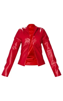 Discount PrettyLittleThing Shape Faux Leather Tie Front Long Sleeve Top Cherry Red