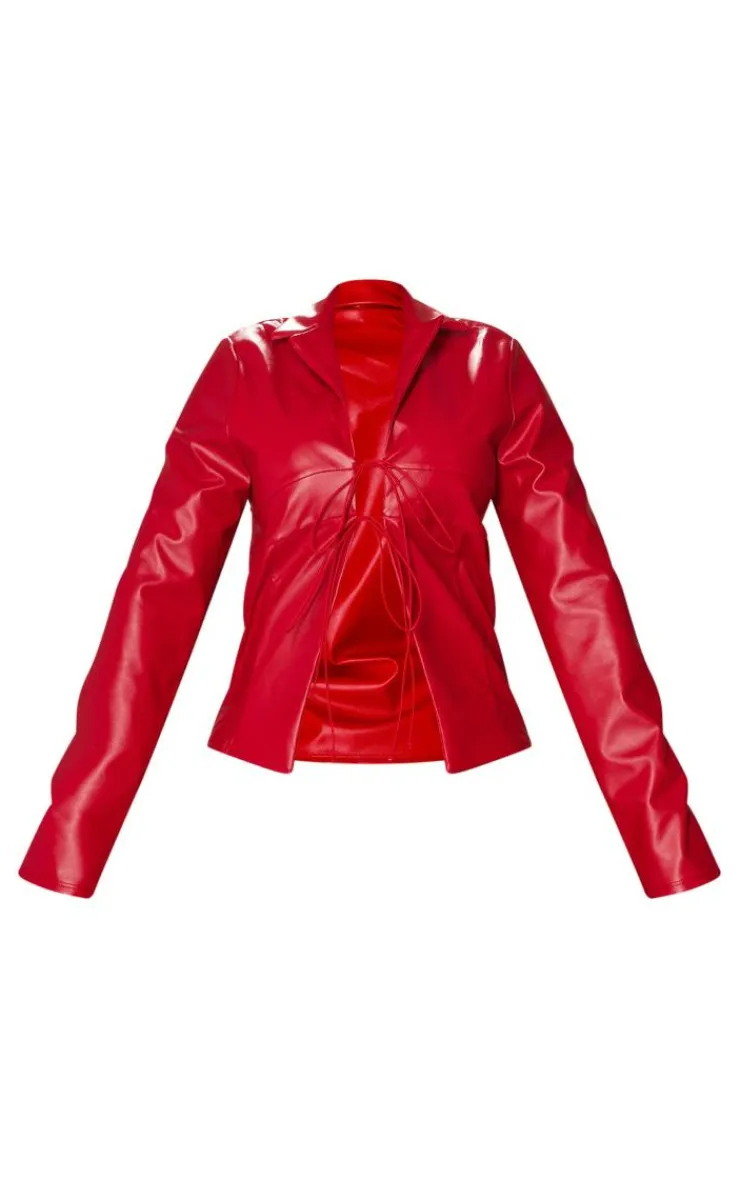 Discount PrettyLittleThing Shape Faux Leather Tie Front Long Sleeve Top Cherry Red