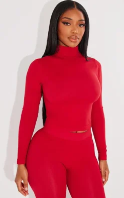 Outlet PrettyLittleThing Shape Stretch Seamless High Neck Long Sleeve Top Cherry Red