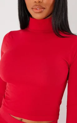 Outlet PrettyLittleThing Shape Stretch Seamless High Neck Long Sleeve Top Cherry Red