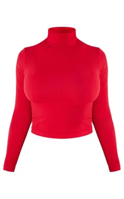 Outlet PrettyLittleThing Shape Stretch Seamless High Neck Long Sleeve Top Cherry Red