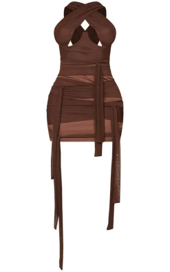 Shape Mesh Wrap Neck Tie Detail Bodycon Dress-PrettyLittleThing Hot