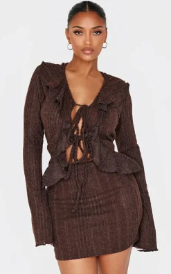 PrettyLittleThing Shape Brushed Rib Tie Front Frill Longline Top Chocolate