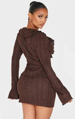 PrettyLittleThing Shape Brushed Rib Tie Front Frill Longline Top Chocolate