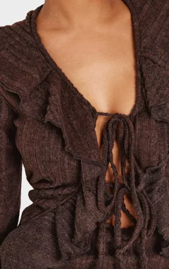 PrettyLittleThing Shape Brushed Rib Tie Front Frill Longline Top Chocolate