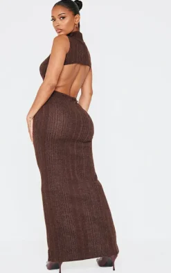 Shape Chocolate Brushed Rib High Neck Open Back Maxi Dress-PrettyLittleThing Best