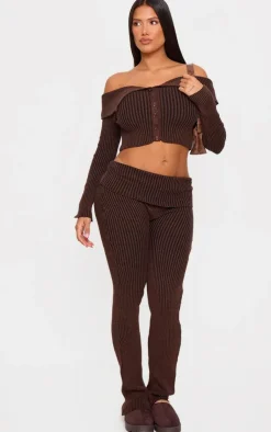 Clearance PrettyLittleThing Shape Chocolate Fold Over Ribbed Flares Chocolate.