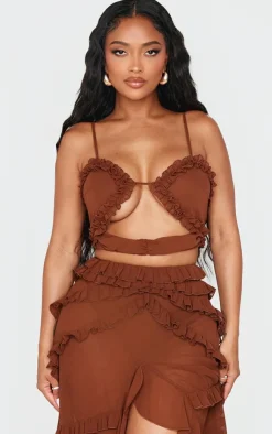 Shape Chocolate Frill Edge Cut Out Crop Top-PrettyLittleThing Clearance