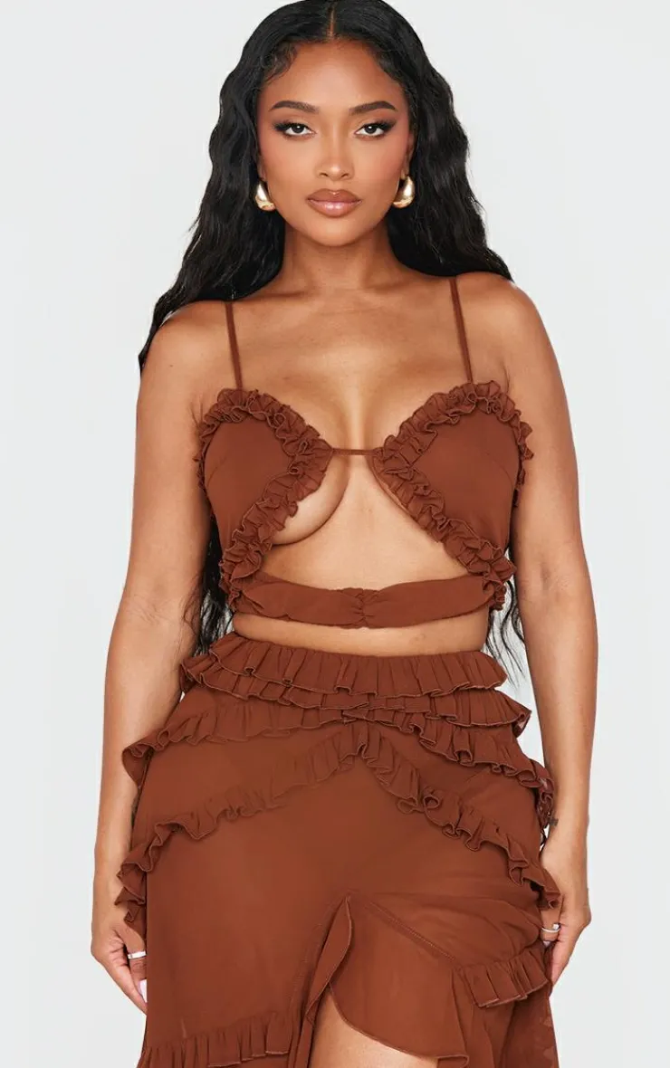 Shape Chocolate Frill Edge Cut Out Crop Top-PrettyLittleThing Clearance