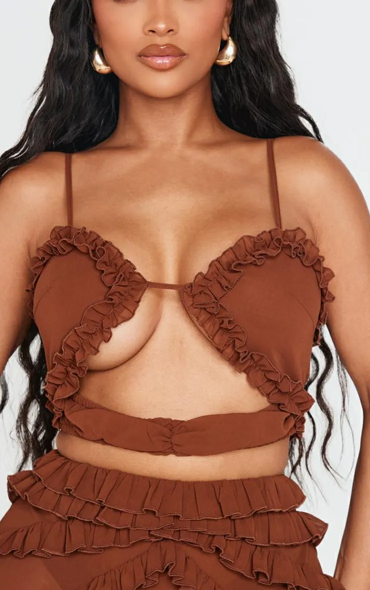 Shape Chocolate Frill Edge Cut Out Crop Top-PrettyLittleThing Clearance