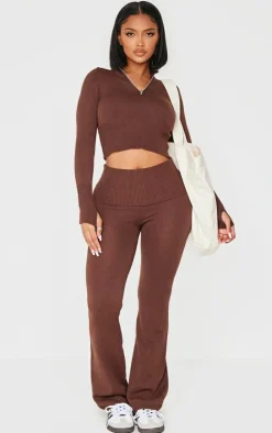 Hot PrettyLittleThing Shape Knitted Flare Pants Chocolate
