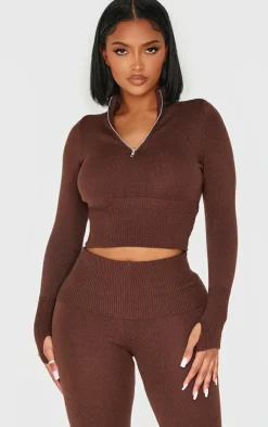 New PrettyLittleThing Shape Knitted Half Zip Top Chocolate