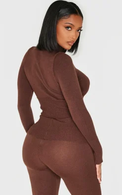 New PrettyLittleThing Shape Knitted Half Zip Top Chocolate