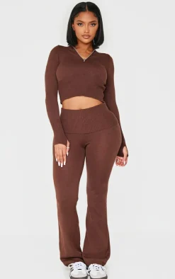 New PrettyLittleThing Shape Knitted Half Zip Top Chocolate