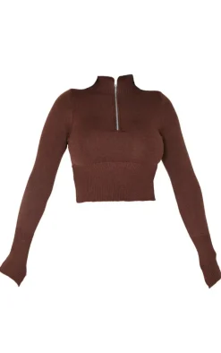 New PrettyLittleThing Shape Knitted Half Zip Top Chocolate