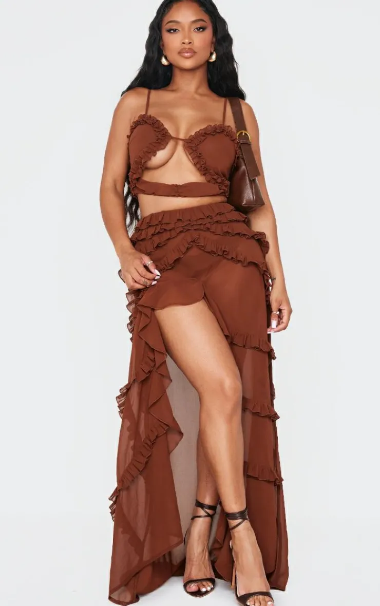 Shape Chocolate Low Rise Frill Detail Front Split Maxi Skirt-PrettyLittleThing Discount