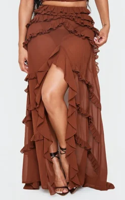 Shape Chocolate Low Rise Frill Detail Front Split Maxi Skirt-PrettyLittleThing Discount