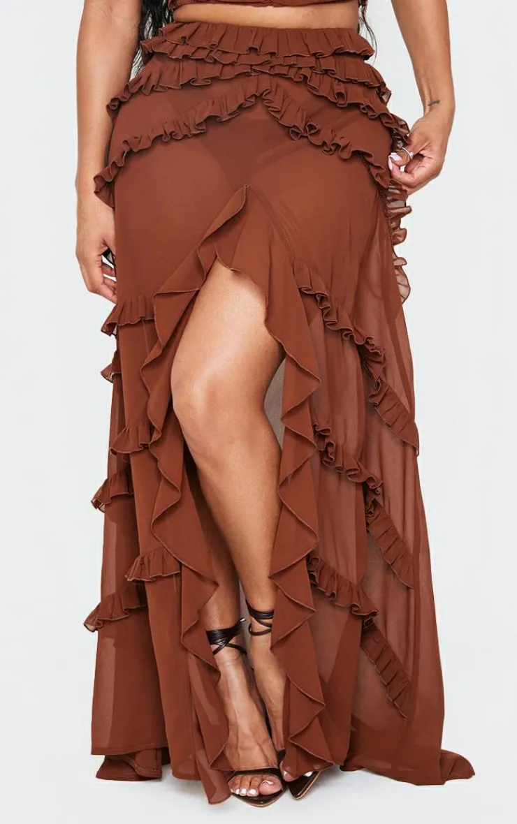 Shape Chocolate Low Rise Frill Detail Front Split Maxi Skirt-PrettyLittleThing Discount
