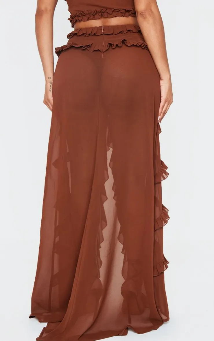 Shape Chocolate Low Rise Frill Detail Front Split Maxi Skirt-PrettyLittleThing Discount