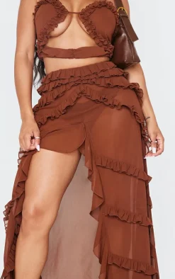 Shape Chocolate Low Rise Frill Detail Front Split Maxi Skirt-PrettyLittleThing Discount