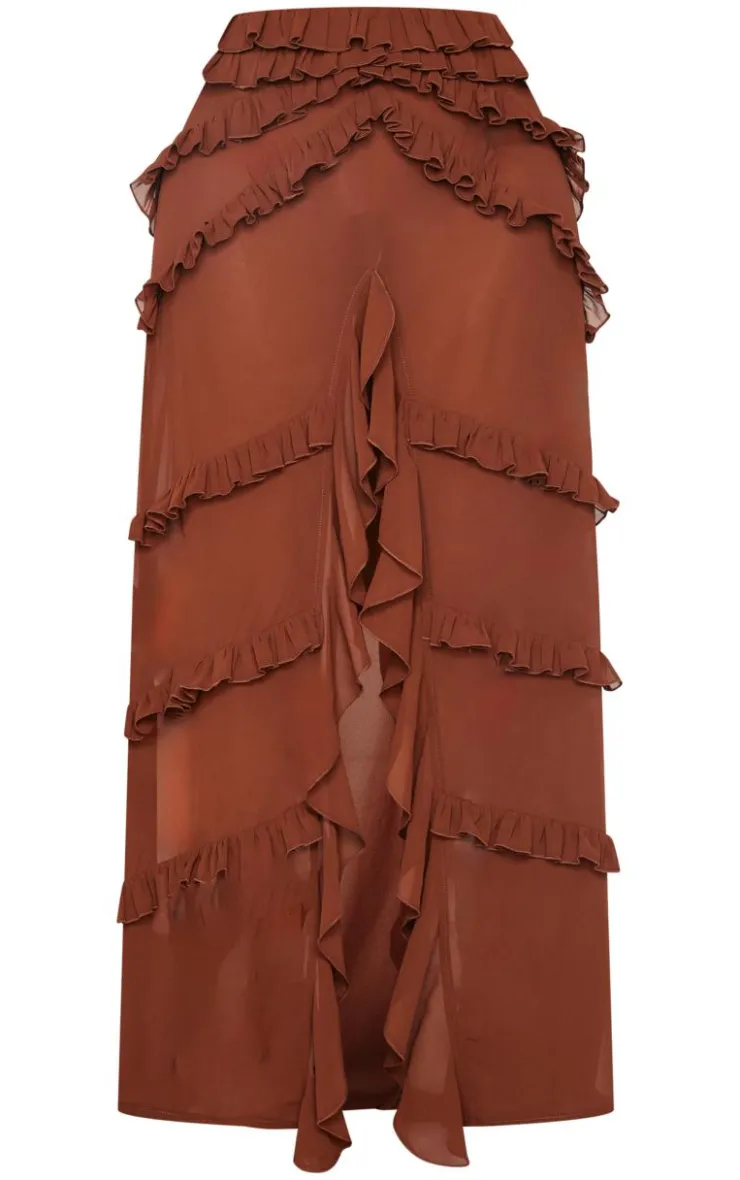 Shape Chocolate Low Rise Frill Detail Front Split Maxi Skirt-PrettyLittleThing Discount
