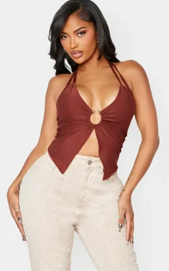 Shape Slinky Halterneck Ring Detail Crop Top-PrettyLittleThing Online