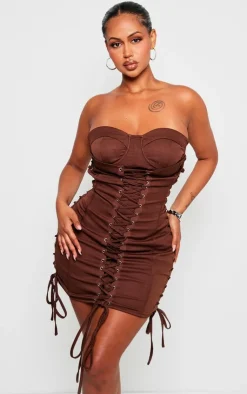 Shape Chocolate Woven Lace Up Corset Bandeau Bodycon Dress-PrettyLittleThing Best