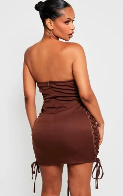 Shape Chocolate Woven Lace Up Corset Bandeau Bodycon Dress-PrettyLittleThing Best