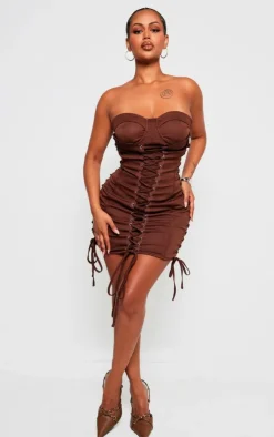 Shape Chocolate Woven Lace Up Corset Bandeau Bodycon Dress-PrettyLittleThing Best