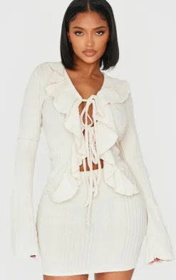 Best PrettyLittleThing Shape Brushed Rib Tie Front Frill Longline Top Cream