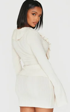 Best PrettyLittleThing Shape Brushed Rib Tie Front Frill Longline Top Cream