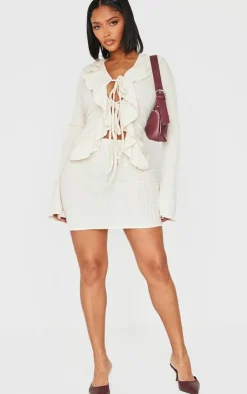 Best PrettyLittleThing Shape Brushed Rib Tie Front Frill Longline Top Cream