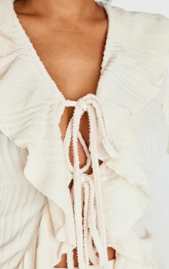 Best PrettyLittleThing Shape Brushed Rib Tie Front Frill Longline Top Cream