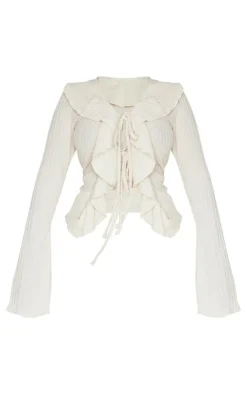 Best PrettyLittleThing Shape Brushed Rib Tie Front Frill Longline Top Cream