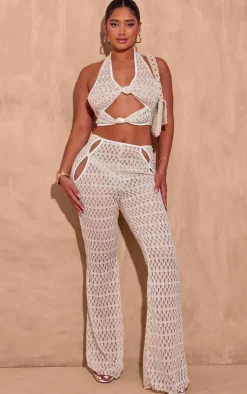 Discount PrettyLittleThing Shape Cut Out Textured Flare Pants Cream