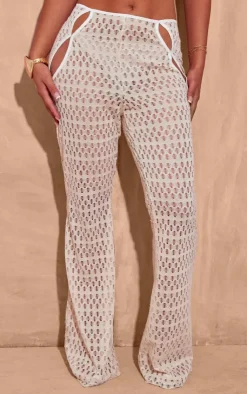 Discount PrettyLittleThing Shape Cut Out Textured Flare Pants Cream