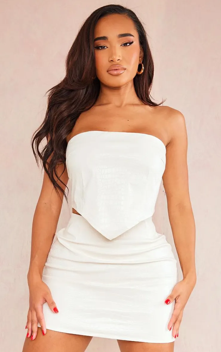 Best PrettyLittleThing Shape Faux Leather Croc Print Bandeau Crop Top Cream