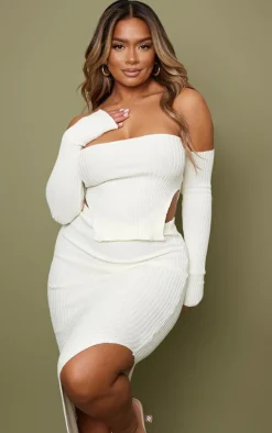 Best PrettyLittleThing Shape Knit Bardot Split Side Top Cream