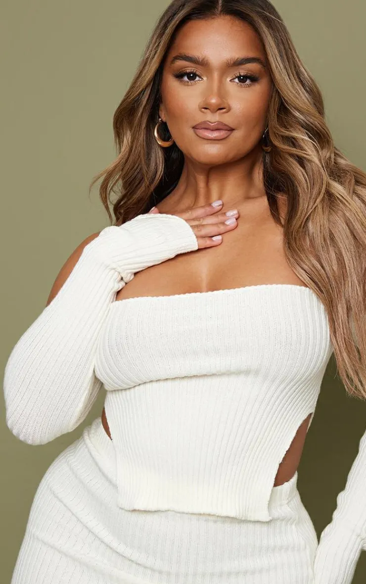 Best PrettyLittleThing Shape Knit Bardot Split Side Top Cream