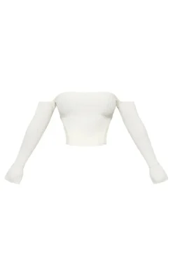 Best PrettyLittleThing Shape Knit Bardot Split Side Top Cream